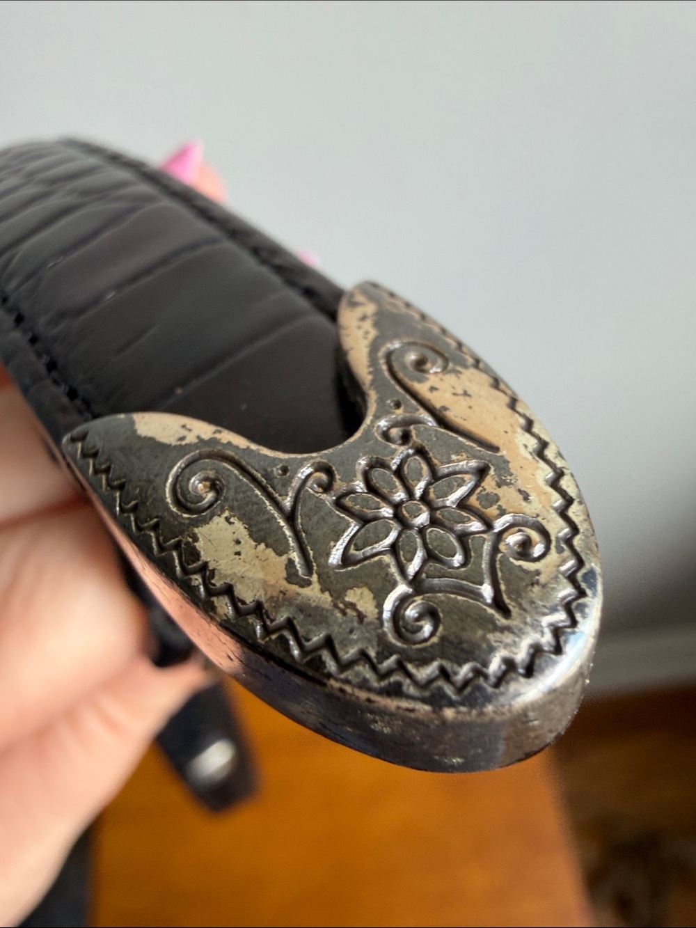 90s Brighton Black Leather Woven and Crocodile Belt - Skinny, Size L - Picture 9 of 16